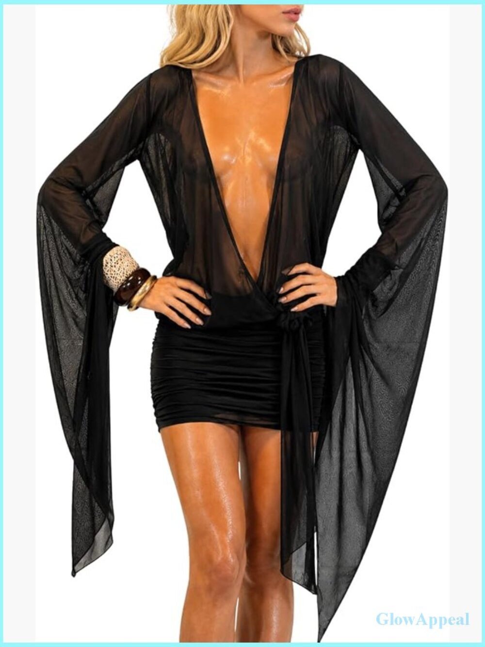 Deep V Backless Mesh Bodycon Mini Dress Bell Sleeve Sheer Club Night Out Flowy